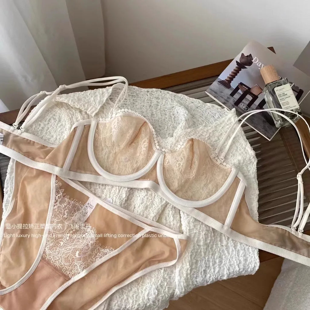Japanisches Light Luxury Trägerloses Spitzen-BH-Set – Ultraleichter Half-Cup Minimizer aus Sheer Mesh & Spitze, nur noch 50 Sets im Flash Sale