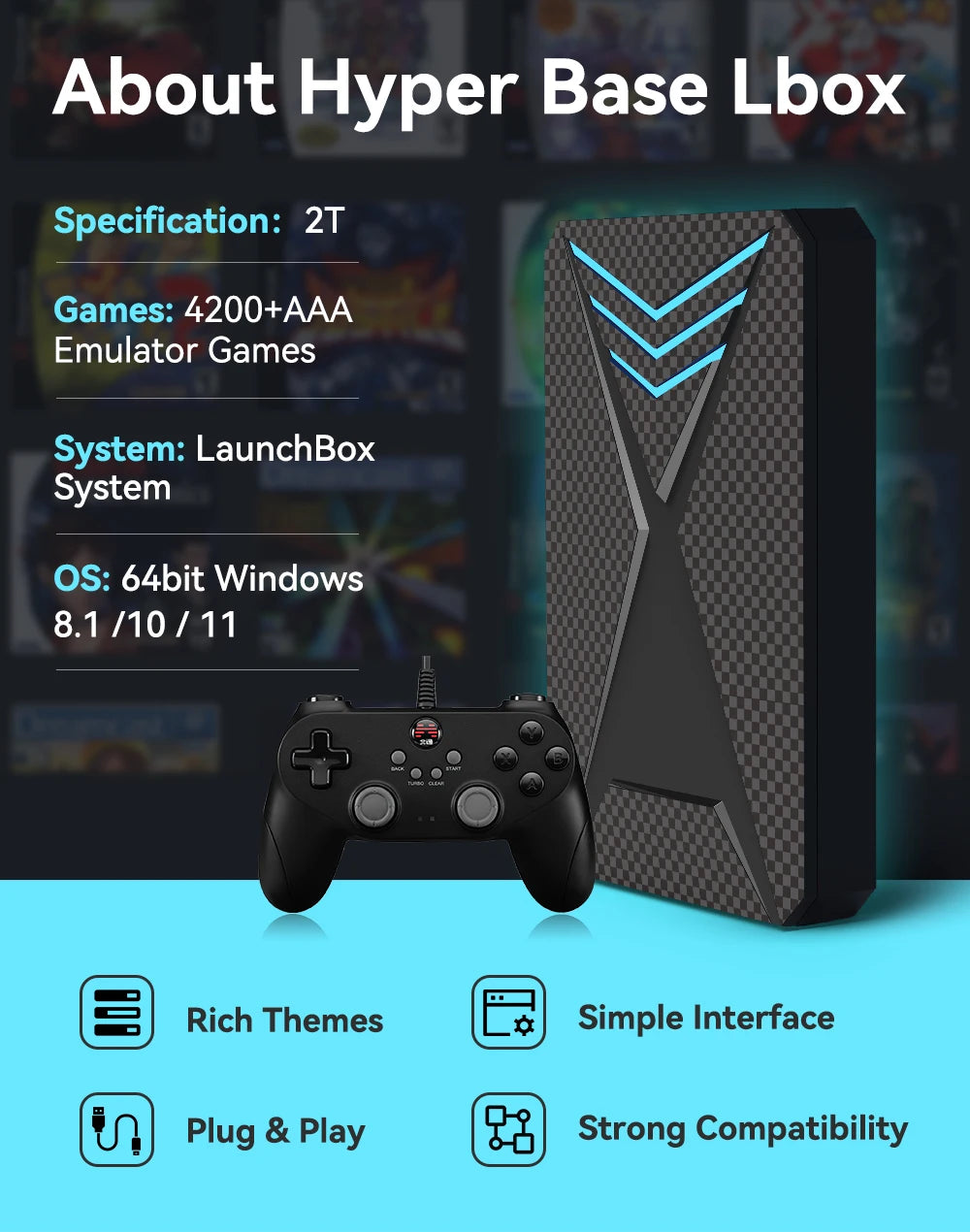 Launchbox 2T Spiele-Festplatte für PS4/PS3/PS2/Wii/WiiU/GAMECUBE etc. mit über 4200 3D/PC-Spielen, tragbare Spielekonsole für Laptops