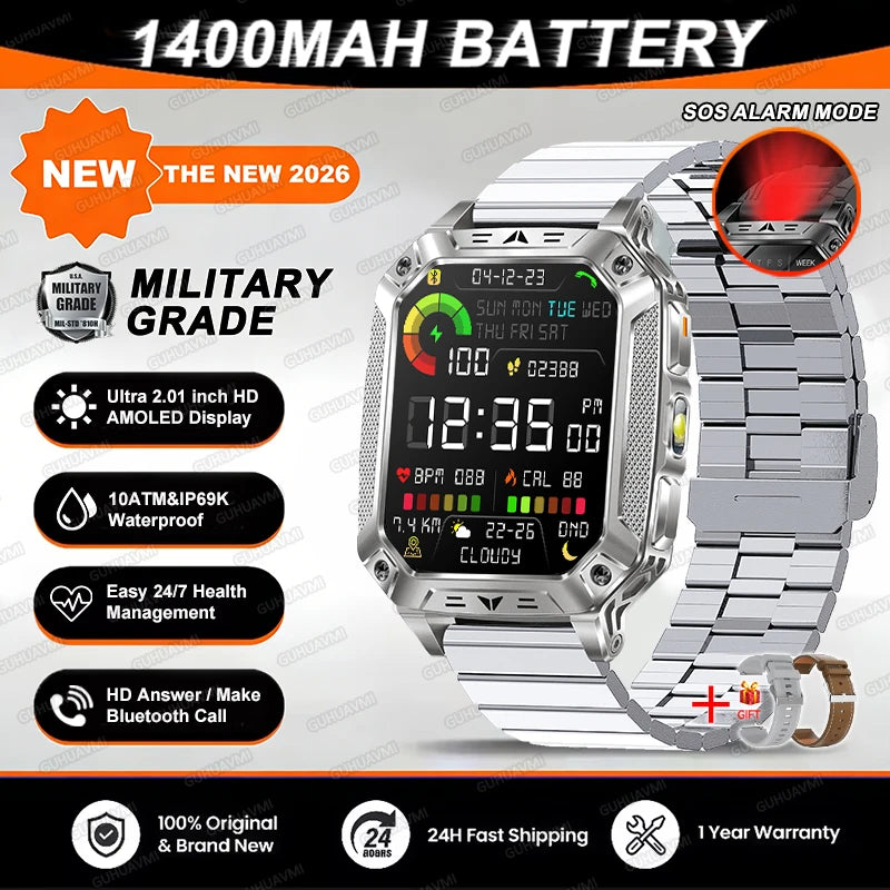 2026 TANK Neue 1400mAh Militär GPS Smartwatch Herren 2.01" AMOLED-Bildschirm 10ATM Wasserdichte Uhr SOS Anruf Taschenlampe Smartwatch iOS