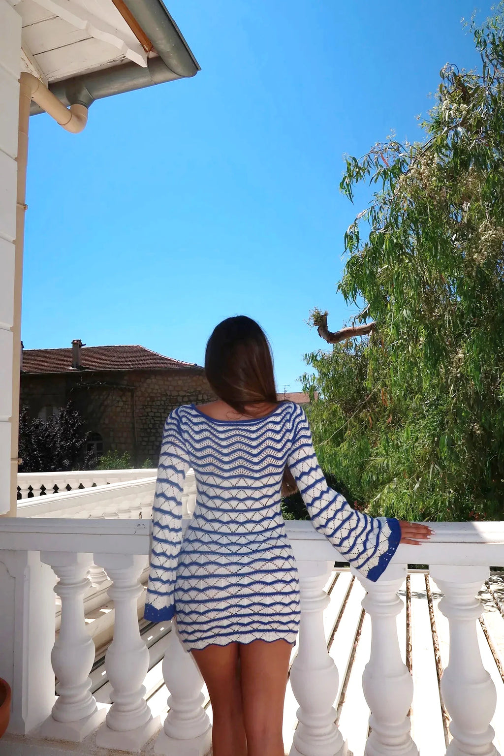 Sexy Boho Striped Chic V-neck Cut Out Bell Sleeve Knit Beach Mini Dress 2026 Summer Women Seaside Holiday Swimsuit Cover Up K123