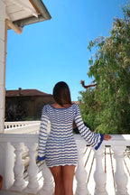 Sexy Boho Striped Chic V-neck Cut Out Bell Sleeve Knit Beach Mini Dress 2026 Summer Women Seaside Holiday Swimsuit Cover Up K123