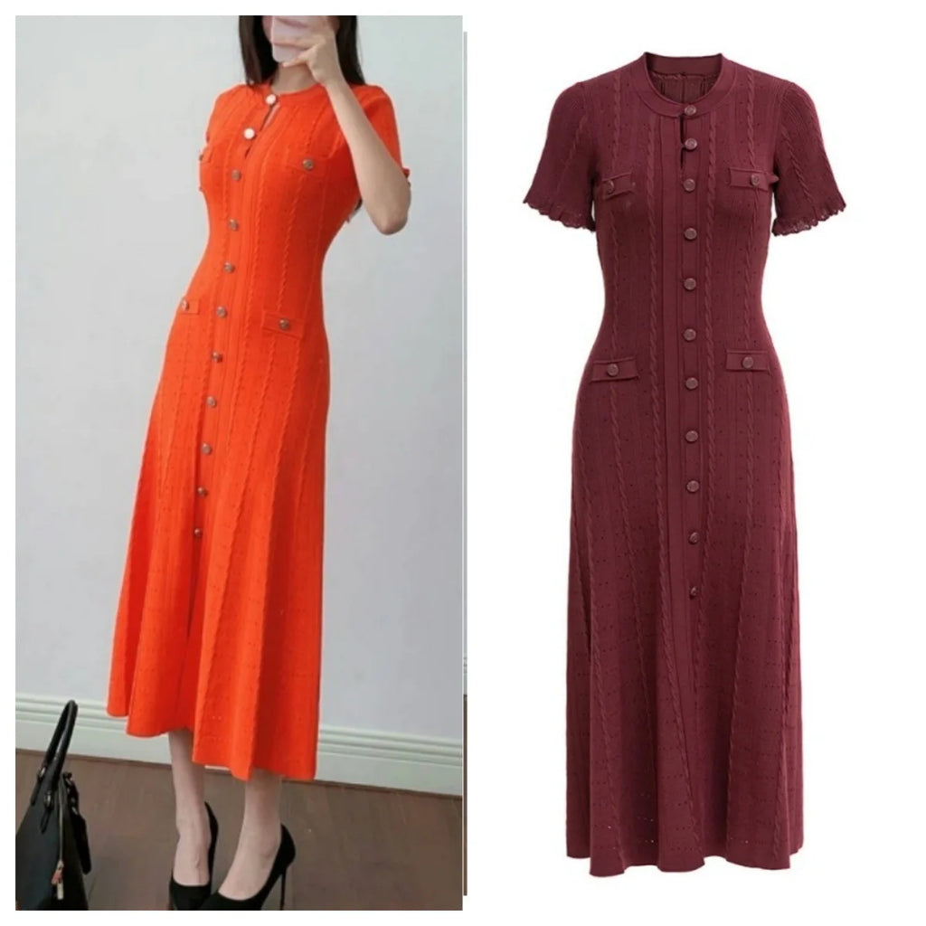 Sommer einfarbig Rundhals Kurzarm Business-Kleid Damen Koreanisch Einreiher Ausgeschnittenes langes Kleid Modetrend
