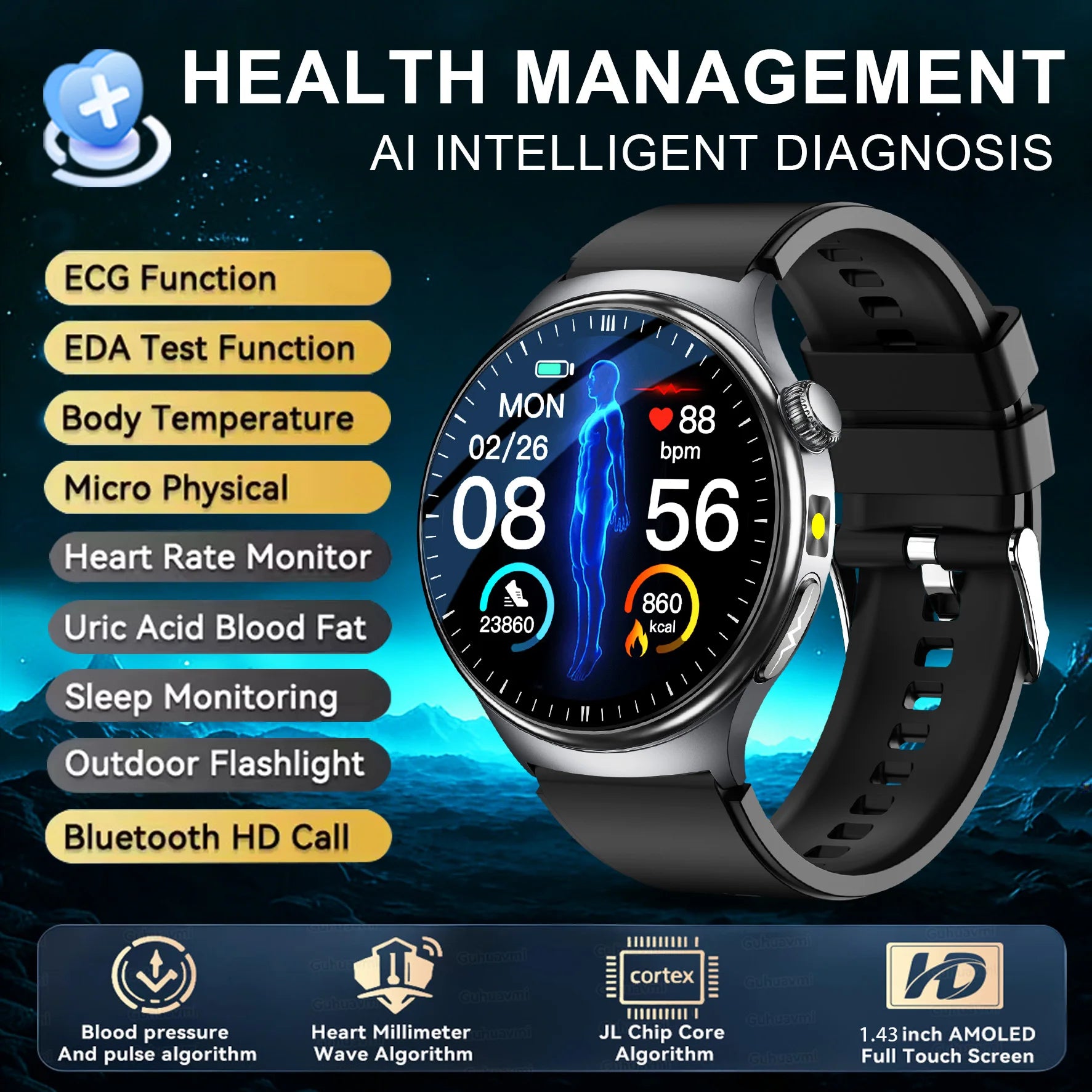2026 Neue genaue Körpergesundheitsanalyse Smartwatch Herren EKG Blutfette Harnsäure Blutdruck Körperfett Sprachanruf Smartwatch