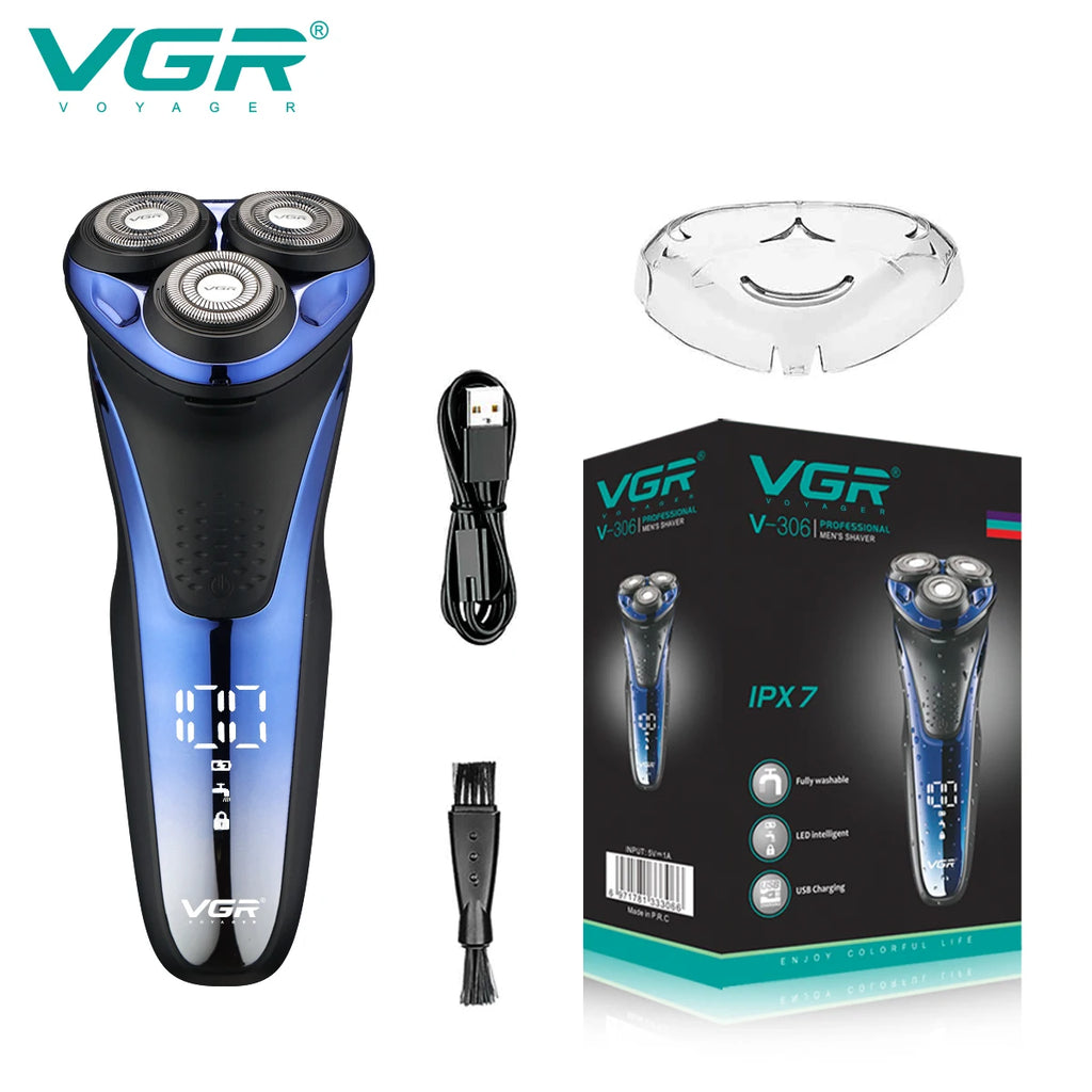 VGR Elektrorasierer Professioneller Rasierer Wasserdichter Bartschneider Rotations-3D-Schwimmrasur Wiederaufladbar Elektrisch für Herren V-306