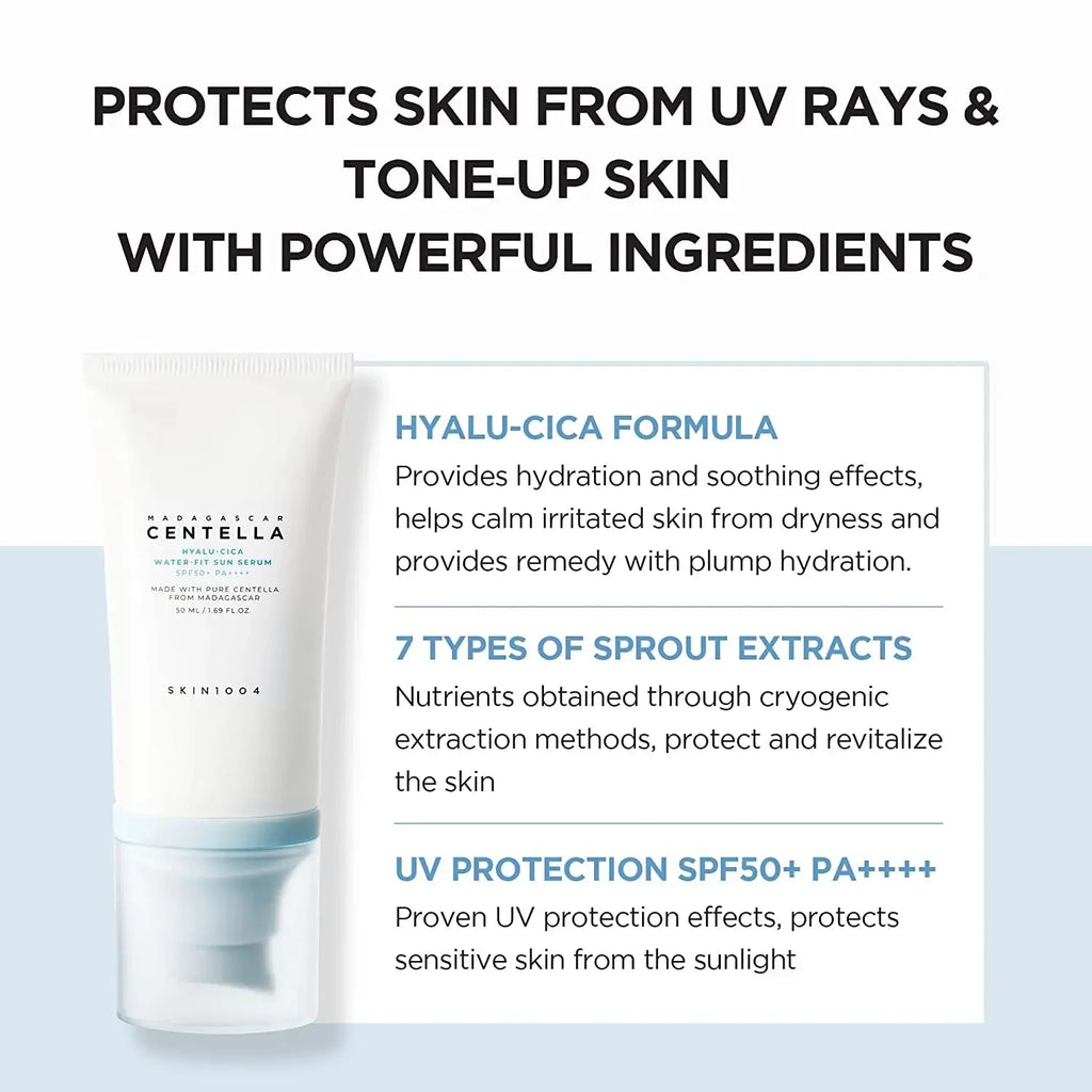 Skin1004 Korean Skincare Centella Sun Serum LSF50+ – Hyaluronsäure UV-Schutz, empfindliche Haut
