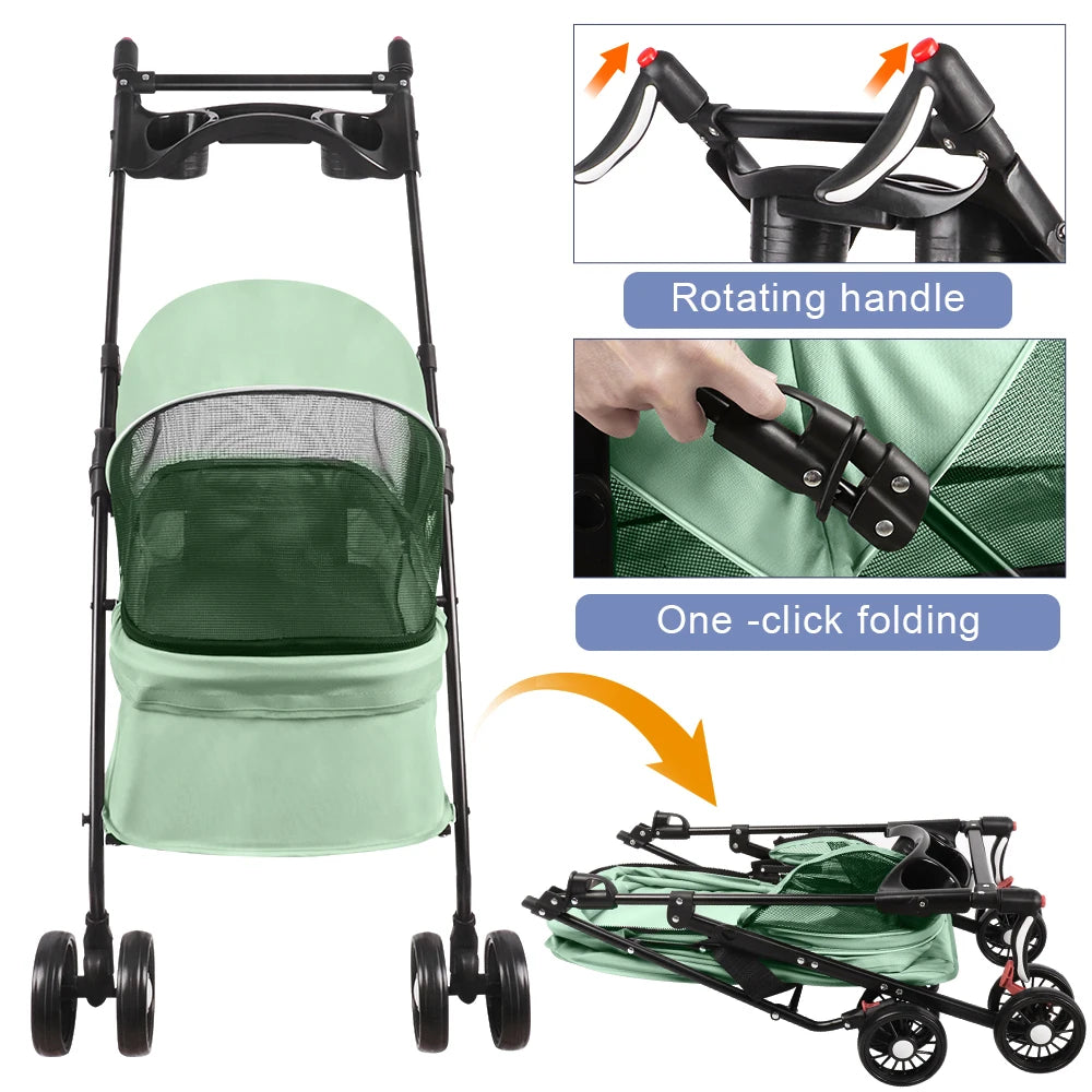 Folding Pet Stroller/Buggy, Dog/Cat Carrier, Pet Travel Stroller for Dogs with Cup Holder, Wheels with Brakes, Oxford Fabric, Steel Frame, 50 x 70 x 95 cm