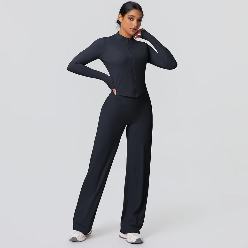 2-teiliges schnelltrocknendes Sport-Fitness-Bekleidung Yoga-Set Damen Yoga Reißverschluss Langarm High Waisted atmungsaktive weite Hose Set