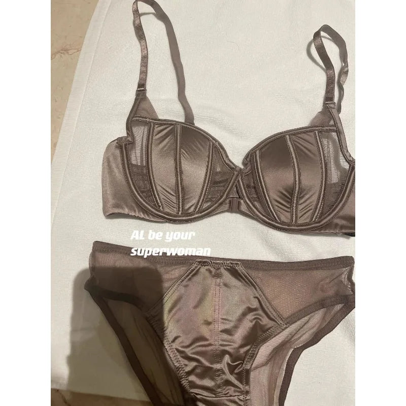 Vorderer Schnallen-Push-up-BH für Damen Dessous-Set Sexy Satin-Mesh Halb-Cup Kabelloser Lift-BH-Set mit verstellbaren Trägern Größe S-XL