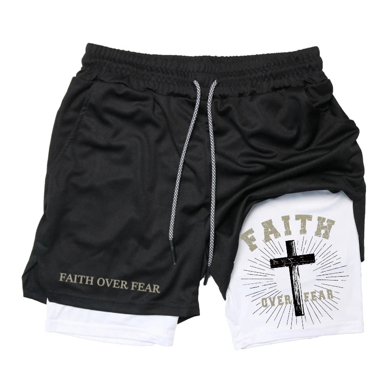 Herren-2-in-1-Lauf-Workout-Shorts mit Druck, Christian Gym Athletic Performance Shorts mit Handytasche und Handtuchschlaufe, Activewear