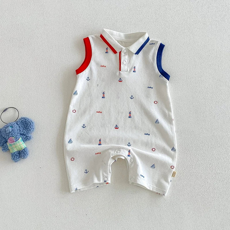 2026 Neue Sommer-Babykleidung 0-2 Jahre Cartoon-Print Ärmelloser Polo-Strampler Atmungsaktives Mesh-Gewebe mit Knopfleiste und Druckknopfverschluss