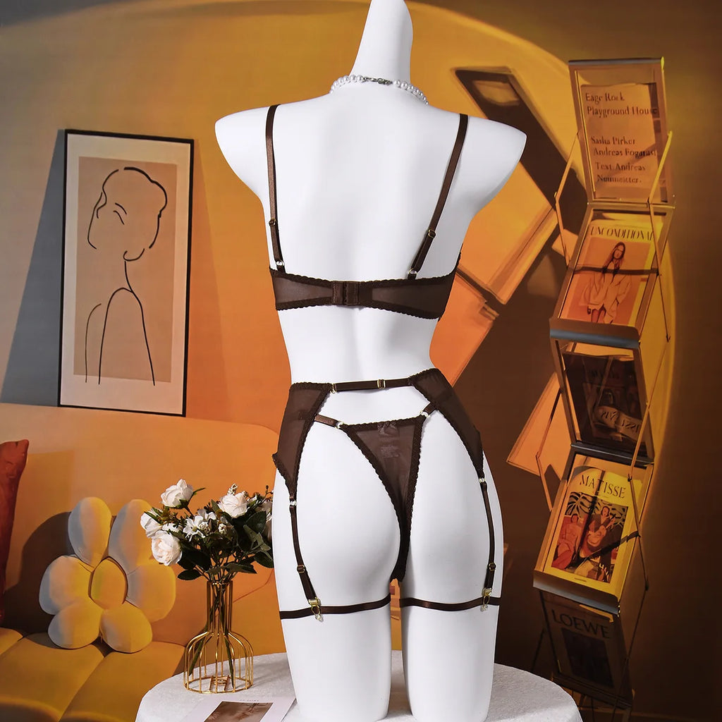 Elegant Lingeries Sexy Hot Exclusive Coffee Bra Belt Thong 3PC with Leg Circles Cute Intimate Lace Tempted Tipsy Set