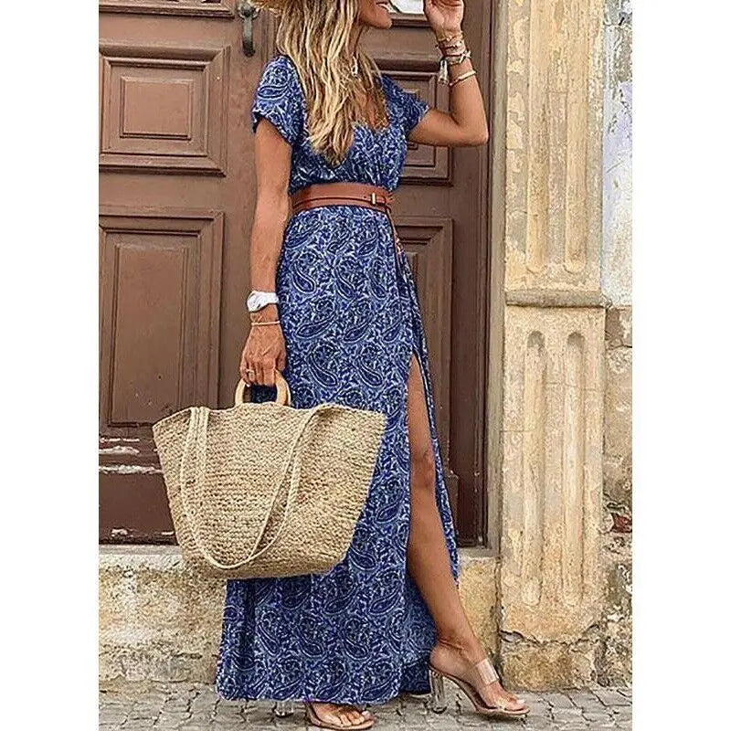 Elegantes florales plissiertes Midikleid in H-Form für Damen, V-Ausschnitt, Puffärmel, geraffte Taille, Knopfleiste, Damen-Sommerkleid, Robe