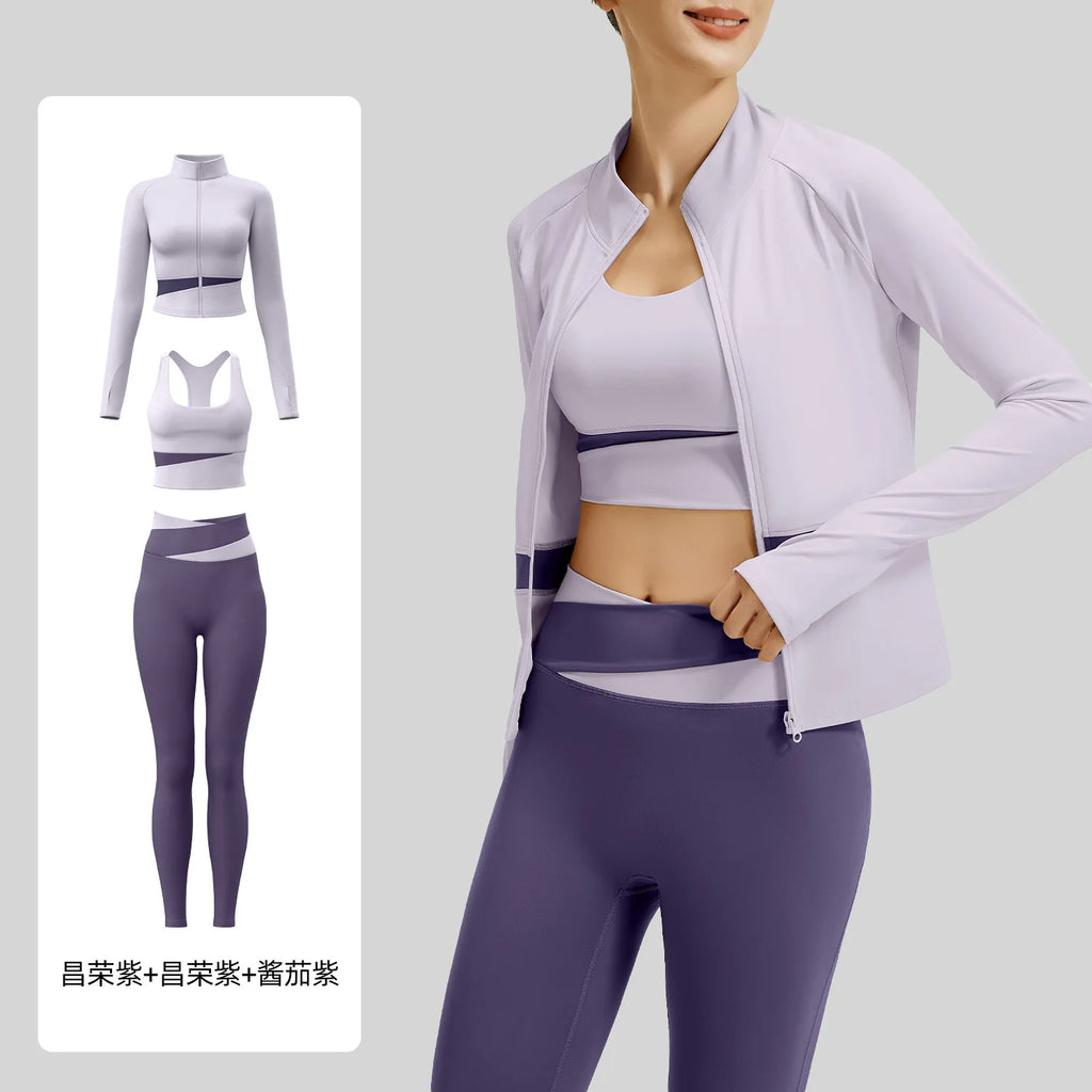 Yoga Set 3-teilig, Gym Kleidung, Sportbekleidung, Yoga Anzüge für Damen, Langarm Crop Top, Fitness Set, Trainingsanzüge, Sport-BH, Gym Leggings