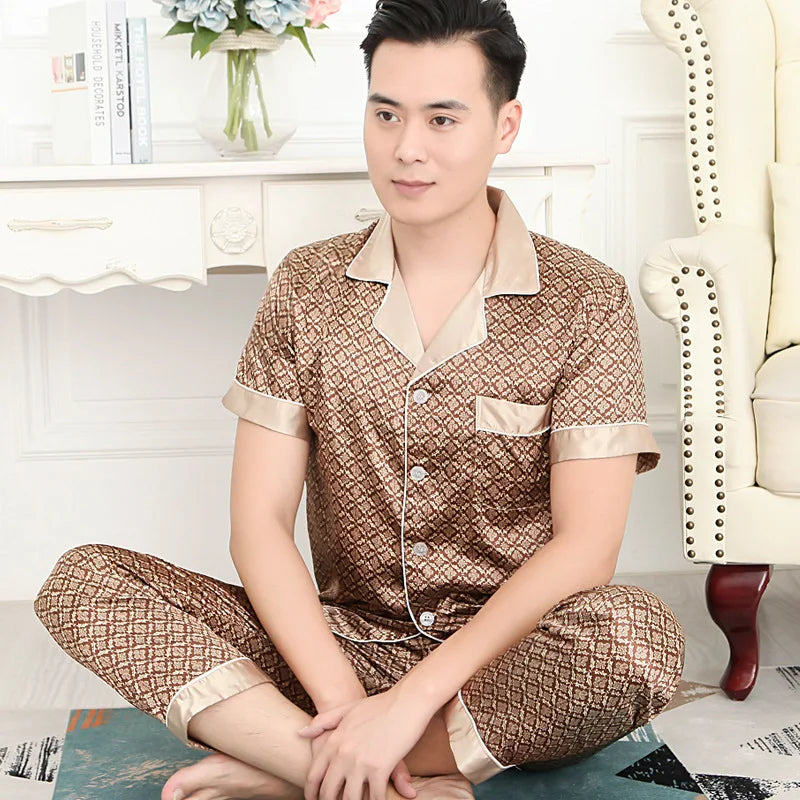 Hochwertiges Pyjama-Set Herren Frühling Herbst Dünn Polyester Eisseide Langarm Schlafanzug Übergröße Sommer Hauskleidung Männlich