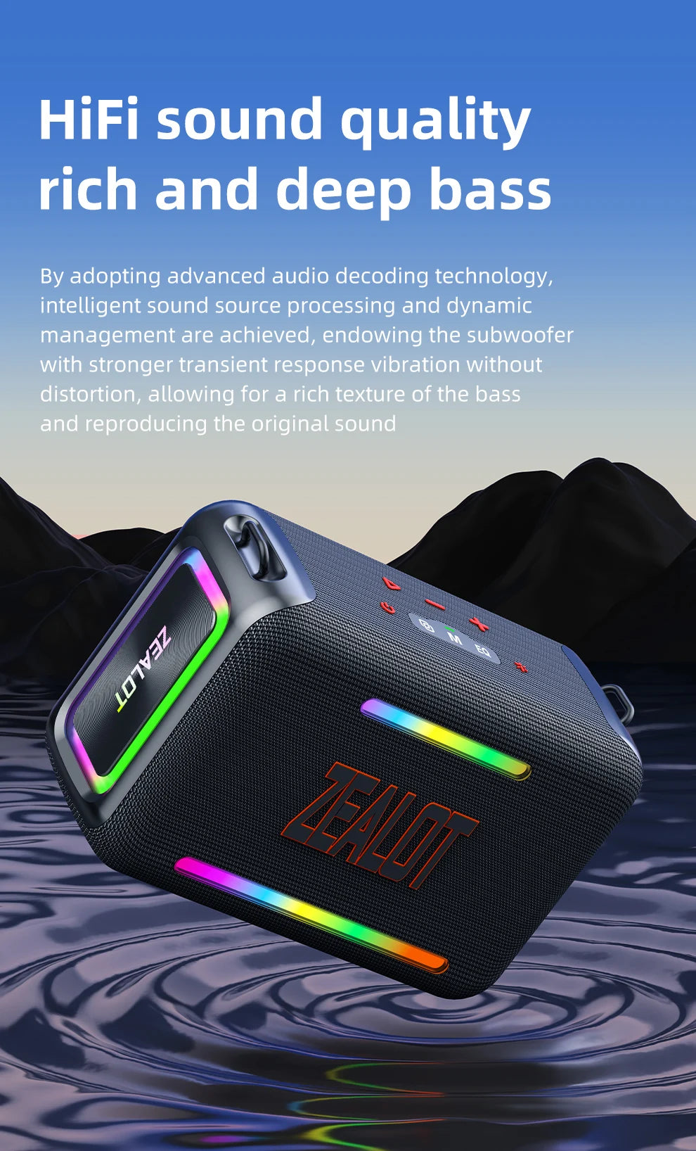 zealot-S95 Tragbarer Bluetooth-Lautsprecher Wasserdicht 120W Hohe Leistung RGB Buntes Licht Kabelloser Subwoofer 360 Stereo Surround TWS