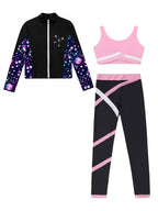 3Pcs Kids Girls Skating Athletic Fitness Workout Tracksuit Sleeveless Vest Top +Pants with Long Sleeve Zipper Sweatshirt Gym Set
