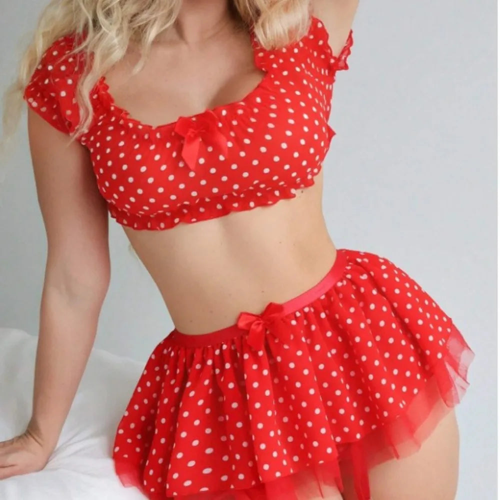 Gepunktetes sexy Tutu Damen Dessous Set Hochwertig, modisch und exquisit, schulterfreies zweiteiliges Set mit Schlitz