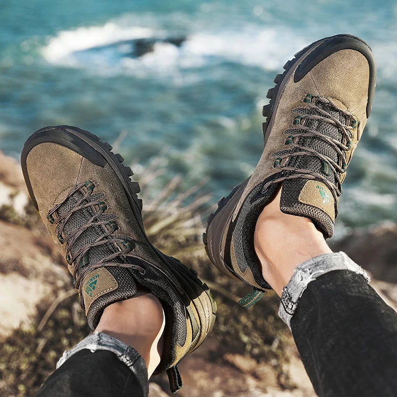 HIKEUP Leder Herrenschuhe für Herren Freizeitschuhe Mode Wasserdicht Winter Luxus Designer Marke Arbeitsstiefel Herren Rutschfeste Sneaker