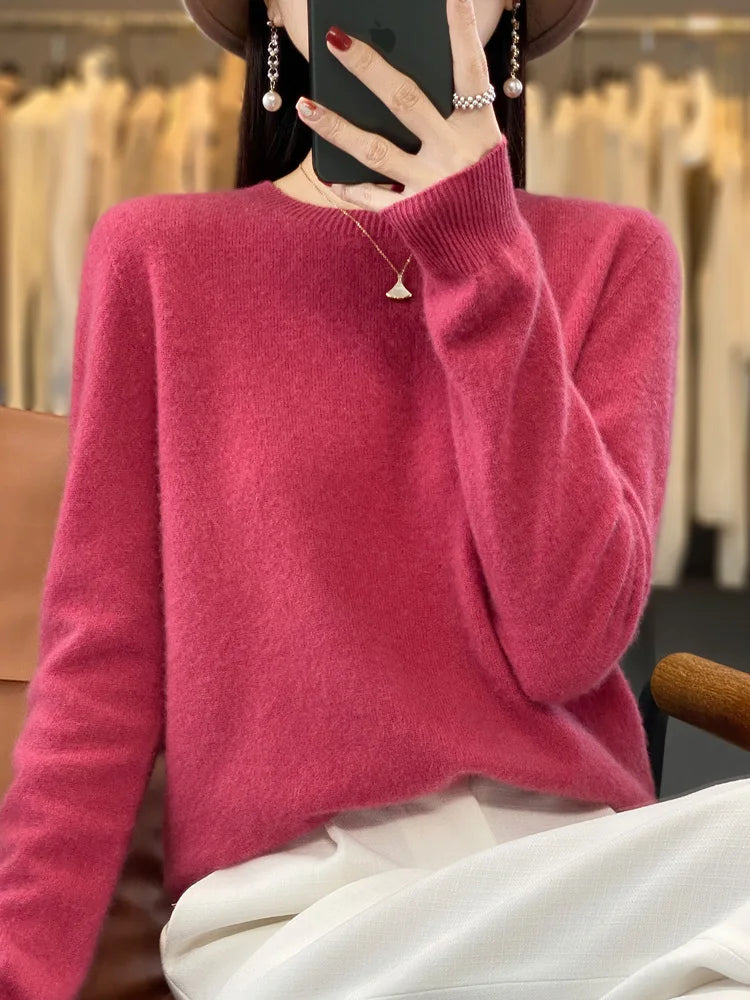 100 % Merinowolle Pullover Damen O-Ausschnitt Kaschmir Strickwaren Female Pullover Herbst Winter Freizeit Oberteile Einfarbig Weiche Kleidung