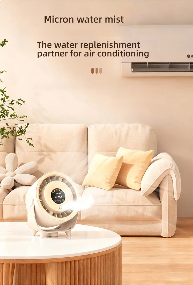 Neuer Sprühnebelventilator, befeuchtend, schnelle Kühlung, Aufhängeloch, geräuscharm, digitale Anzeige, Tastensteuerung der Geschwindigkeit, fein absorbierbar