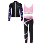 3Pcs Kids Girls Skating Athletic Fitness Workout Tracksuit Sleeveless Vest Top +Pants with Long Sleeve Zipper Sweatshirt Gym Set