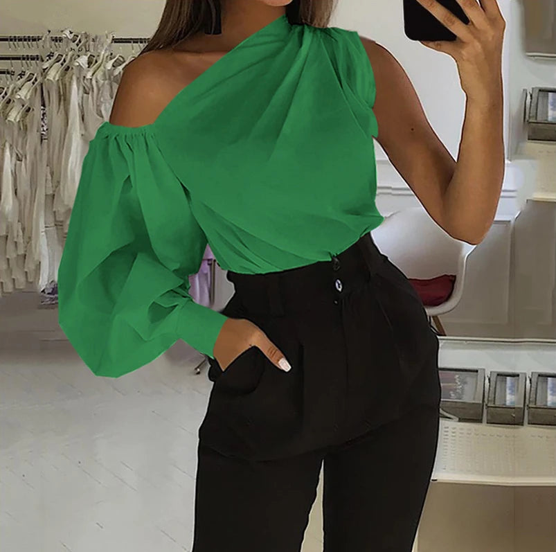 Sexy schulterfreie Damenhemden Sommer Laternenärmel Bluse Casual Loose Solid Tops Lady Elegante Blusen Femme Streetwear Hemd