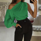 Sexy schulterfreie Damenhemden Sommer Laternenärmel Bluse Casual Loose Solid Tops Lady Elegante Blusen Femme Streetwear Hemd