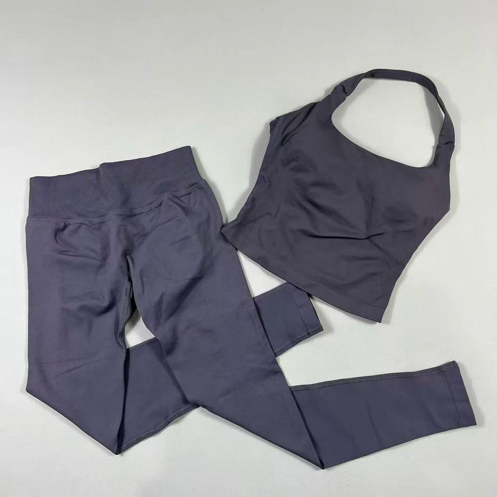 OHNE LOGO Yoga-Outfit Sport-Impact-Gym-Set Neckholder-Oberteil und Leggings-Hosen-Sets Rückenloses Neckholder-Design Hochelastische Sportbekleidung