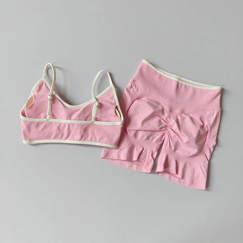 2-TEILIGER Yoga-Anzug Nahtlos mit Brustpolster Enge Sport-BHs und High-Waist-Shorts zum Draußen Tragen, Laufen, Training, Fitness, Yoga-Set