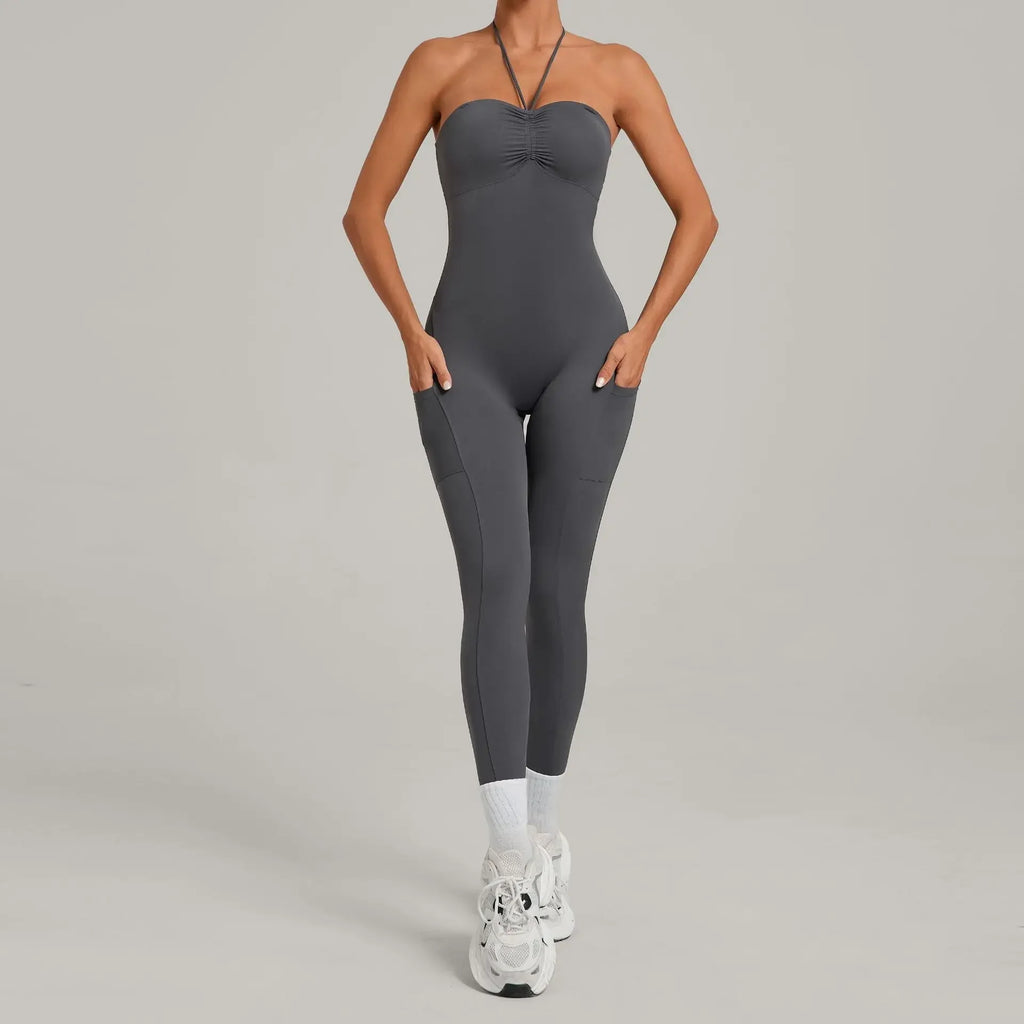 Damen Yoga Jumpsuits Sport Fitness Einteiler Schönheits-Rückengurt Tasche Hüfthebend Slim Fit Laufen Workout Training Bodysuit