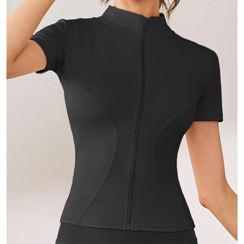 Slim Fit Kurzarm Yoga Shirt Damen Stehkragen Reißverschluss Jacke High End Lauf Sport Fitness Top