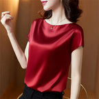Office Lady Tops Sommer Kurzarm O-Ausschnitt Blusen Satinbluse Damenhemden Einfarbig Schlicht Leger Locker Hemd Blusen DF4904