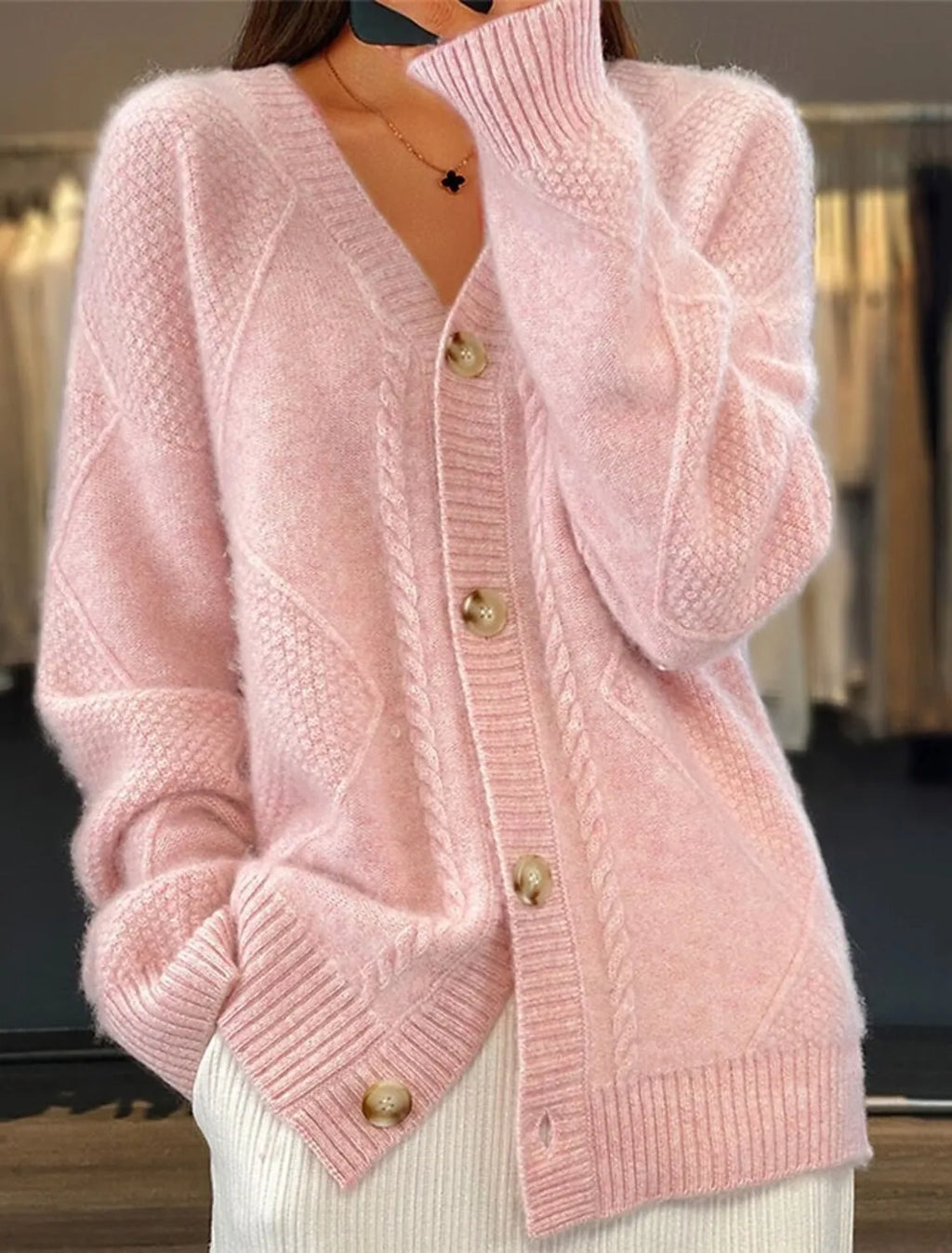 Herbst und Winter neuer einfarbiger, langärmeliger V-Ausschnitt Strickcardigan mit Jacquard-Knopfleiste Damenpullover