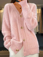 Herbst und Winter neuer einfarbiger, langärmeliger V-Ausschnitt Strickcardigan mit Jacquard-Knopfleiste Damenpullover