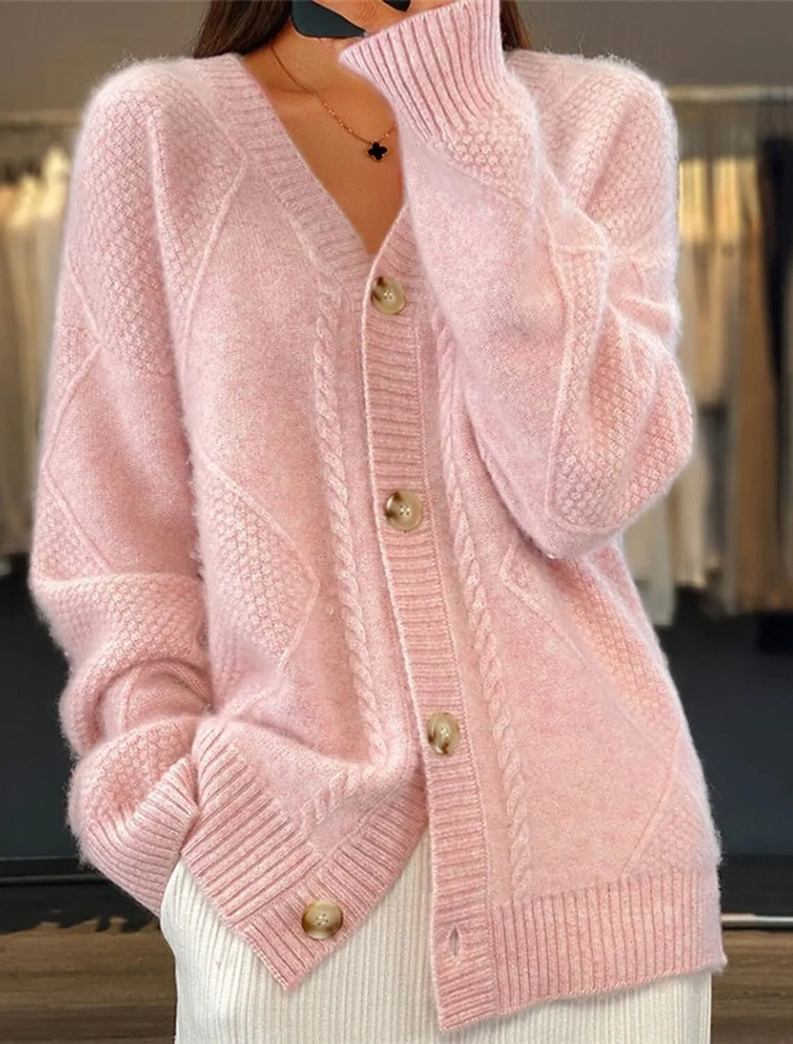 Herbst und Winter neuer einfarbiger, langärmeliger V-Ausschnitt Strickcardigan mit Jacquard-Knopfleiste Damenpullover
