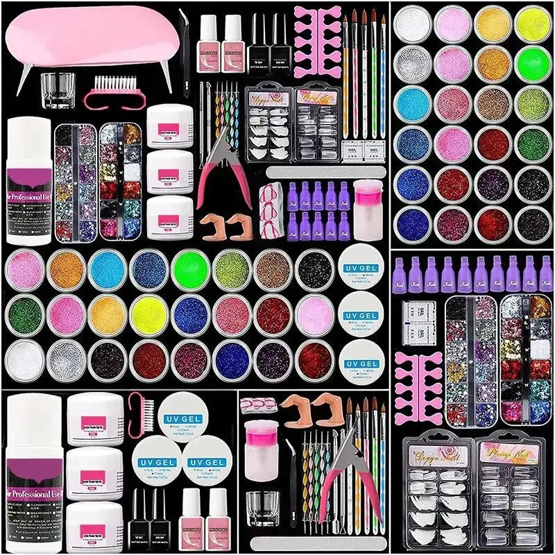 58pcs/Set Fashion Nail Sets Art Tools A Full Set Professional Nail 42-color Crystal Powder Press on Nail Polish Glue Tools Kits