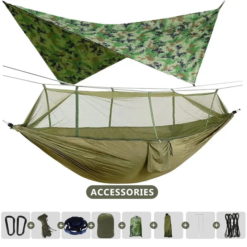 260x140cm Camping Hängematte Doppelgröße Fallschirm mit Moskitonetz Regenschutz Tarp Leicht für Wandern Reisen