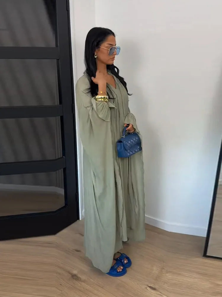 Maxikleid Damenkleider Fledermausärmel Beige Rüschen Bindekragen Plissiert Oversized Damenbekleidung Freizeitkleidung Sommer-Outfit Zweitbild