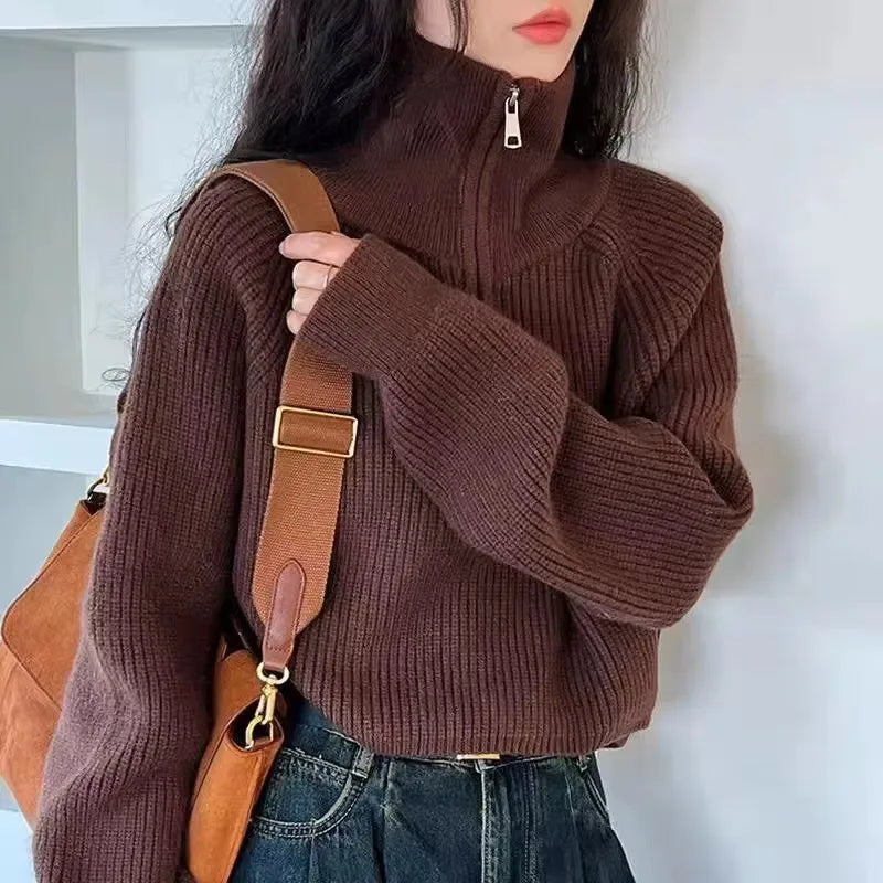 Damen Half-Zip Kragen Pullover Weicher Strick Langarm Kurzer Pulli Herbst Winter Teenager-Mädchen Koreanisches Mode-Outfit