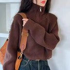 Damen Half-Zip Kragen Pullover Weicher Strick Langarm Kurzer Pulli Herbst Winter Teenager-Mädchen Koreanisches Mode-Outfit