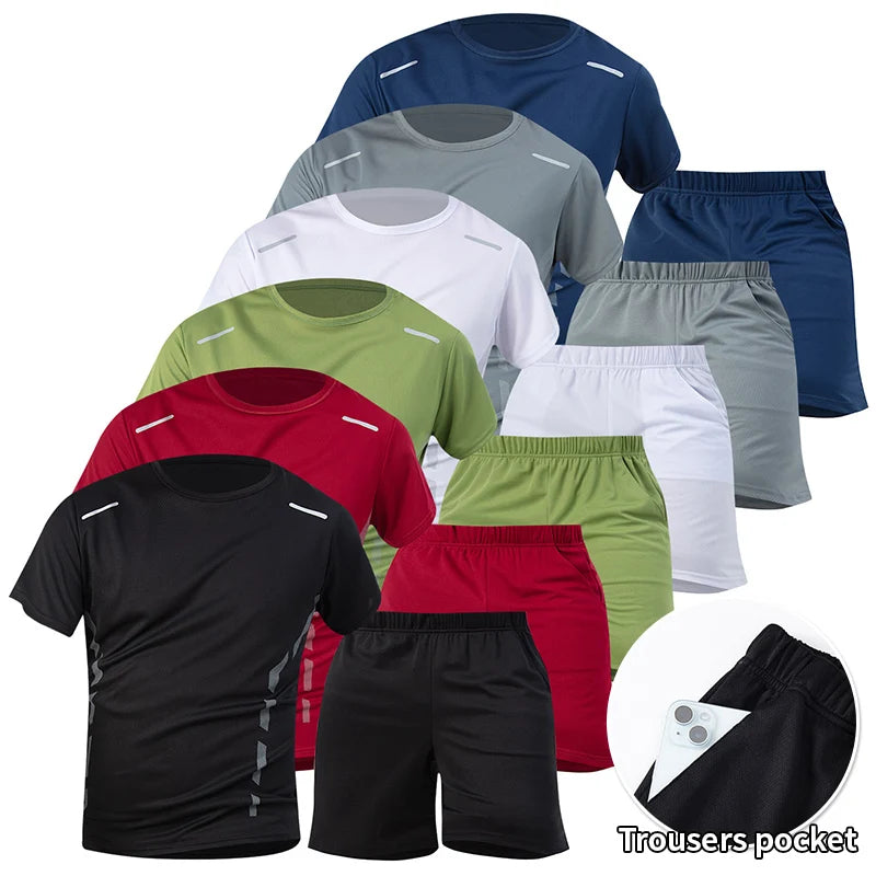 2-teiliger Herren Sommer schnelltrocknender Sportanzug Lockerer und atmungsaktiver Kurzarm-T-Shirt Lauf- und Fitness-Shorts mit schwarzen Taschen Hauptbild