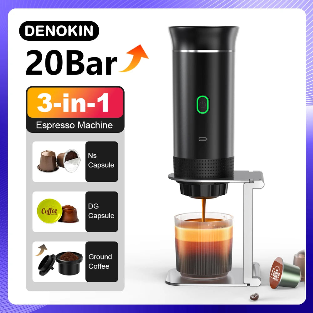 Kabellose elektrische tragbare Espresso-Kaffeemaschine für Auto & Zuhause, Camping-Kaffeemaschine, 3-in-1 Kapsel-Pulver-Reisekaffeemaschine