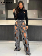 CM.YAYA Damen Vintage Cutout Hollow Out Criss Cross Gerade Denim Hose 2024 Mode INS High Waist Weite Beine Jeans Hose