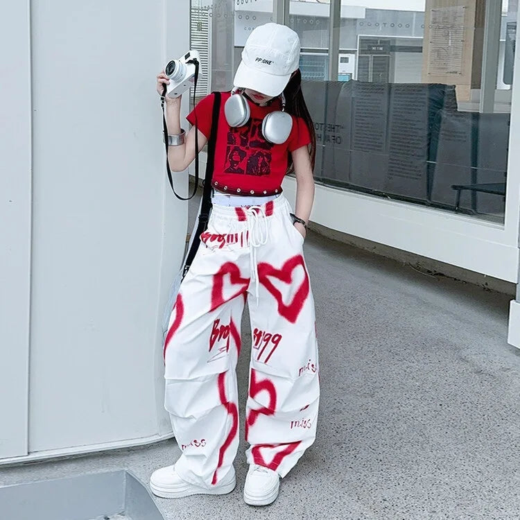 2026 Sommer Frühling Teenager Trainingsanzug Mädchen Kleidung Herz Graffiti 1 T-Shirt Oberteil oder lange weite Beinhose Kind 4 6 7 8 9 10 12 14 Jahre