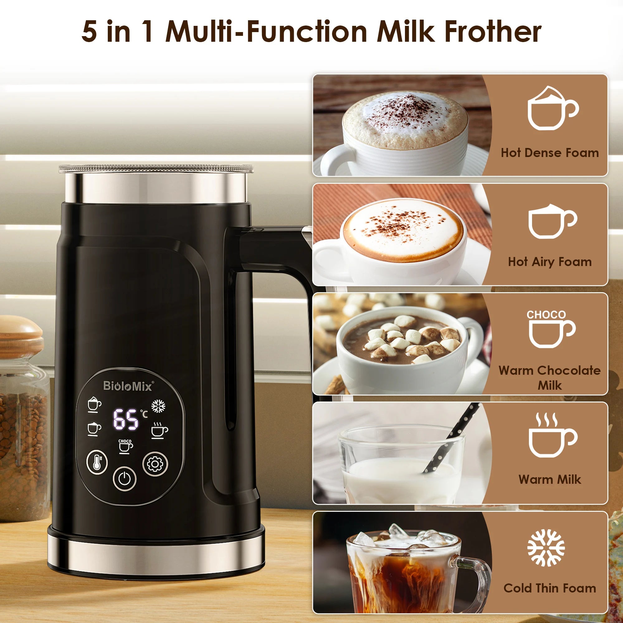 BioloMix 5-in-1 smarter Milchaufschäumer mit LED-Touch-Display, stilvoller Schaum für Kaffee & Lattes, Heiß- und Kaltschaumbereiter