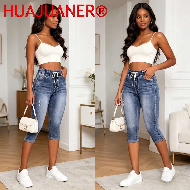 Jeans Damen Wadenlange Hose Denim Passform Hohe Taille Kordelzug Taschen Vintage Bleistifthose 2026 Streetwear Denims