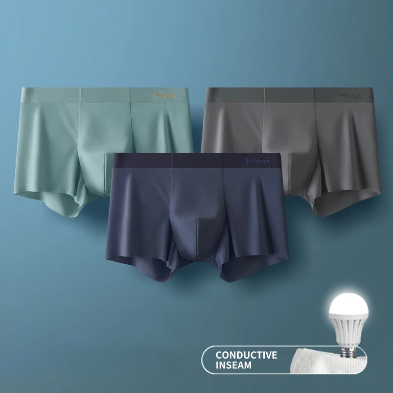MIIOW 3er-Pack Ice Silk Herrenunterwäsche Boxer Metallfaser Antistatisch Herrenunterhosen Nahtloser Schnitt Saum Herren Slips Boxershorts Trunks