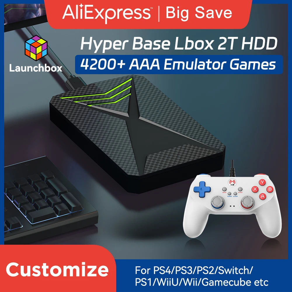 Launchbox 2T Spiele-Festplatte für PS4/PS3/PS2/Wii/WiiU/GAMECUBE etc. mit über 4200 3D/PC-Spielen, tragbare Spielekonsole für Laptops