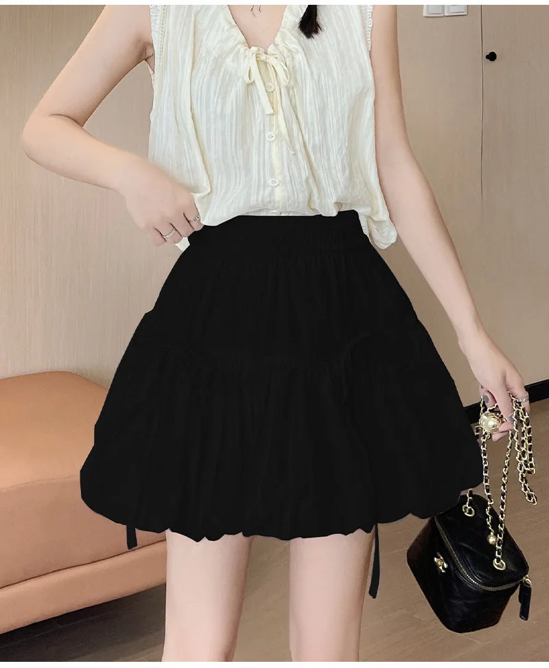 Süße Schleifen Plissierte Flauschige Röcke für Damen Sommer Koreanischer Stil Elastische Taille Laternenrock Damen Lockerer Weißer A-Linien Minirock
