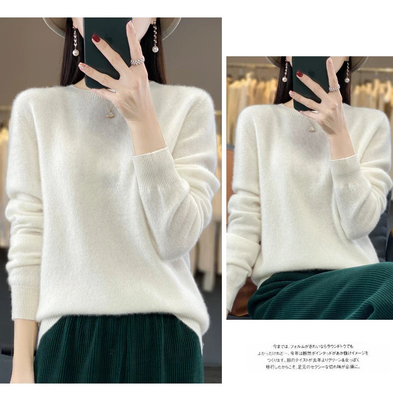 100 % Merinowolle Pullover Damen O-Ausschnitt Kaschmir Strickwaren Female Pullover Herbst Winter Freizeit Oberteile Einfarbig Weiche Kleidung
